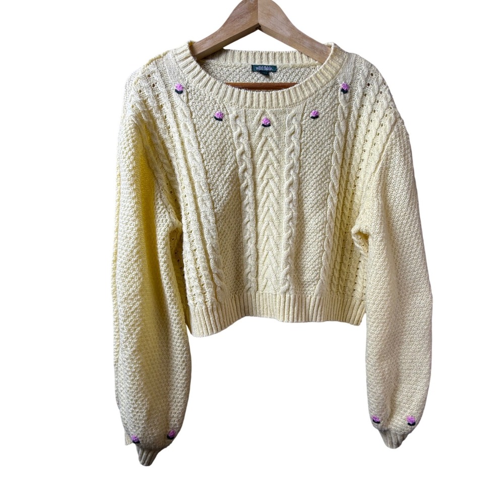 Wild Fable Yellow‎ Cable Knit Cropped Sweater Floral Embroidered XL Cottagecore